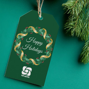 Custom Business Logo Green Christmas Wreath Gift Tags
