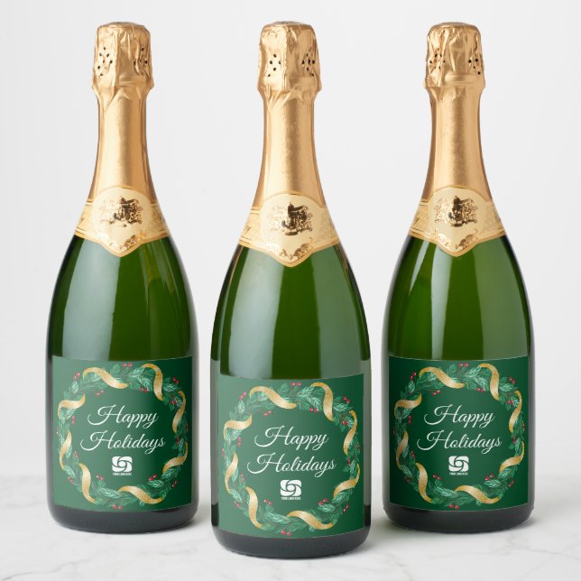Custom Business Logo Green Christmas Wreath Sparkling Wine Label (Bottles)