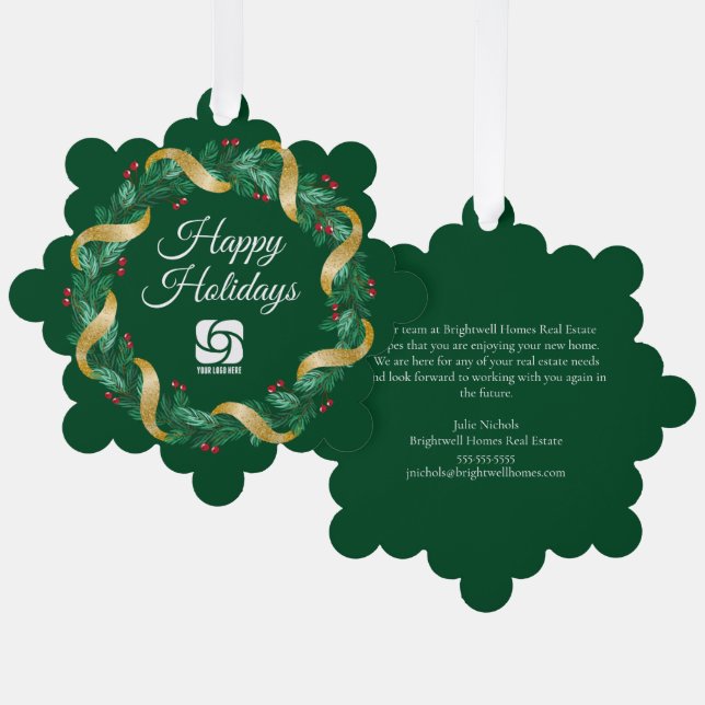 Custom Business Logo Green Christmas Wreath Tree Decoration Card (Front/Back)