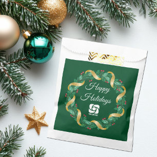 Custom Business Logo Green Wreath Holiday Party Favour Bags