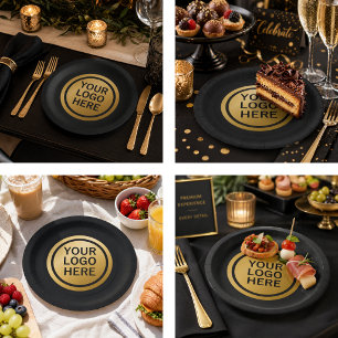 Custom Business Logo Luxury Black and Gold Paper Plate