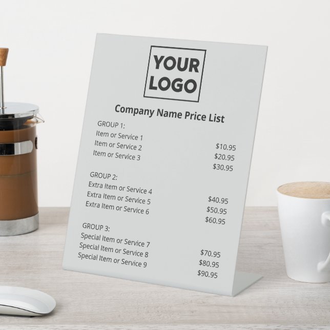 Custom Business Logo Minimal Price List on Grey Pedestal Sign (In SItu)