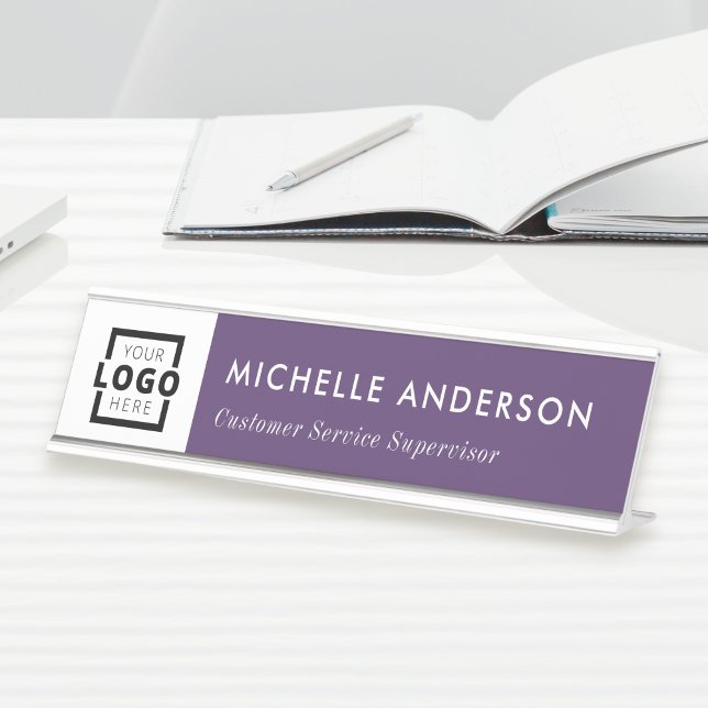 Custom Business Logo Modern Employee Purple Desk Name Plate (Creator Uploaded)