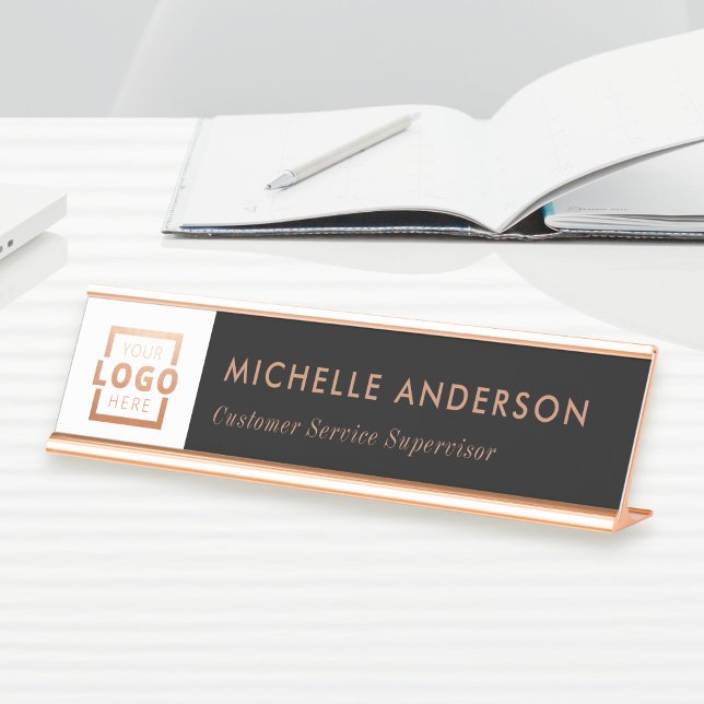 Custom Business Logo Modern Employee Rose Gold Desk Name Plate (Creator Uploaded)