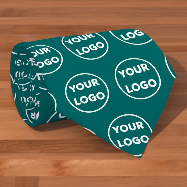Custom Business Logo Pattern on Teal Tie (Custom Business Logo Pattern on Teal Neck Tie, rolled, in situ)