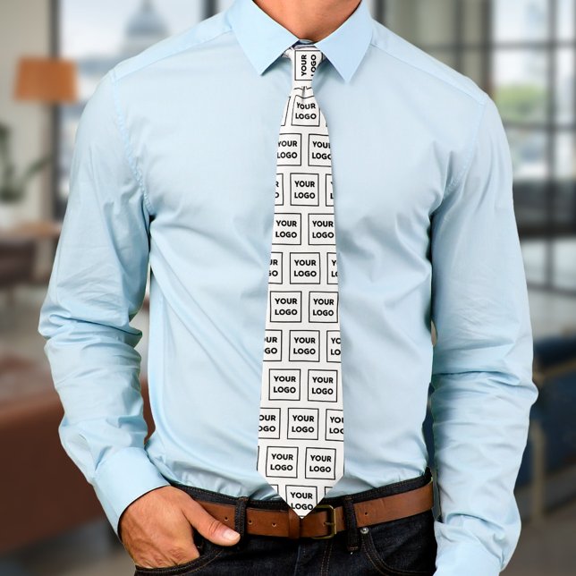 Custom Business Logo Pattern on White 2 Sided Tie (Custom Business Logo Pattern on White 2 Sided Neck Tie, worn, in situ)