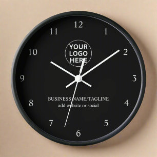 Custom Business Logo & Text l Black & White Brand  Clock
