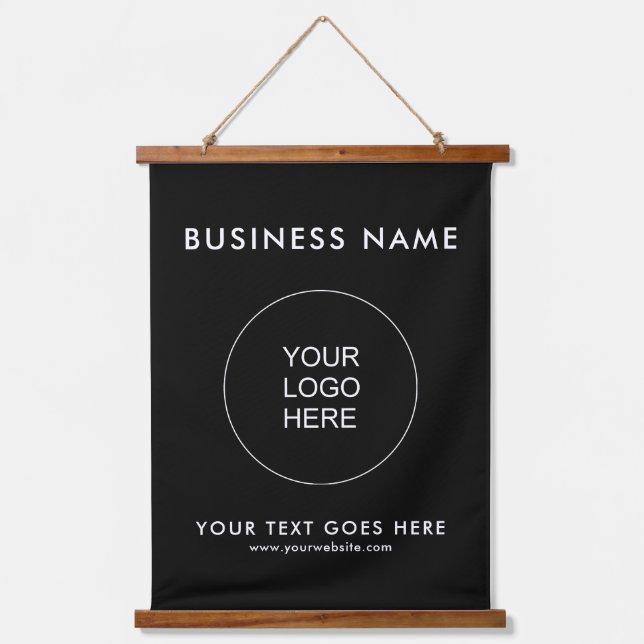 Custom Business Logo Text QR Code Template Black Hanging Tapestry (Front)