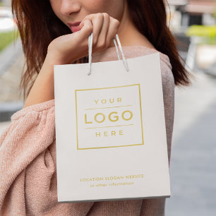 Custom Business Logo White Gold Branded Medium Gift Bag