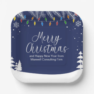 Custom Business Merry Christmas Festive Blue Party Paper Plate