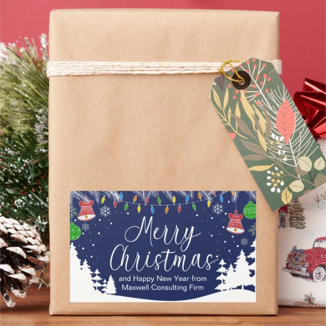 Custom Business Merry Christmas Festive Blue Rectangular Sticker (Holiday)