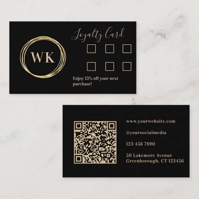 Custom Business Monogram Black Gold Loyalty Business Card (Front/Back)