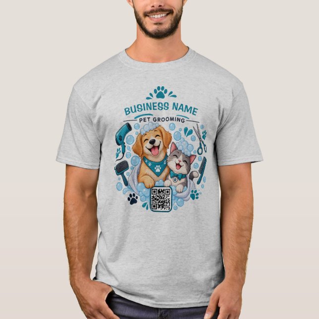 Custom Business Name & QR Code Dog & Cat Groomer  T-Shirt (Front)