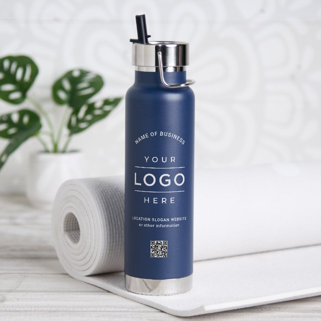 Custom Business Name QR Code Logo Navy Branded Water Bottle (Yoga)