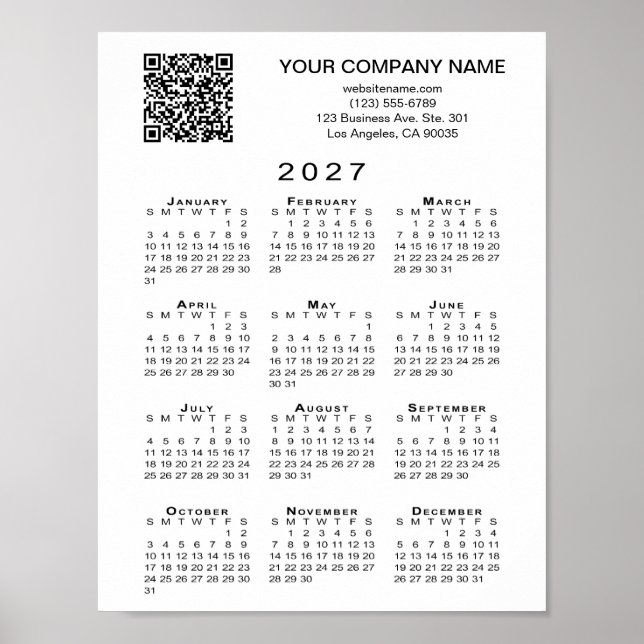 Custom Business QR Code 2027 Calendar Poster (Front)