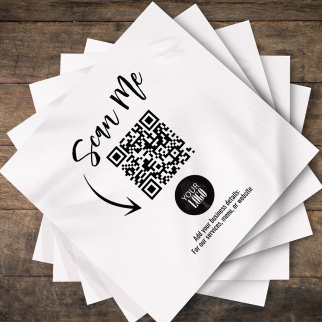 Custom Business QR Code Scan Me Cocktail Napkin (Custom business QR code napkin with Scan Me script and logo.)