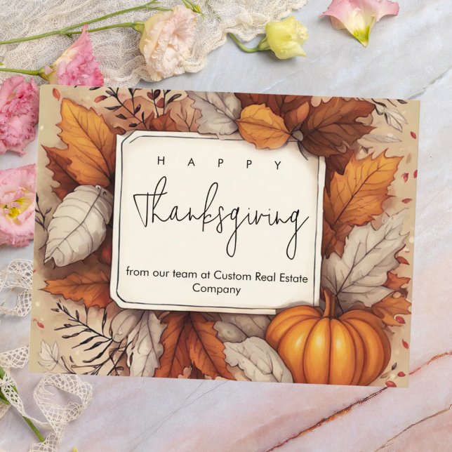 Custom Business Thanksgiving Leaf  And Pumpkin Holiday Postcard (Creator Uploaded)