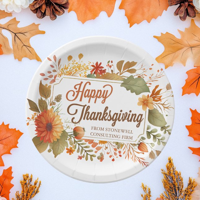 Custom Business Thanksgiving Party Fall Flowers Paper Plate (Creator Uploaded)