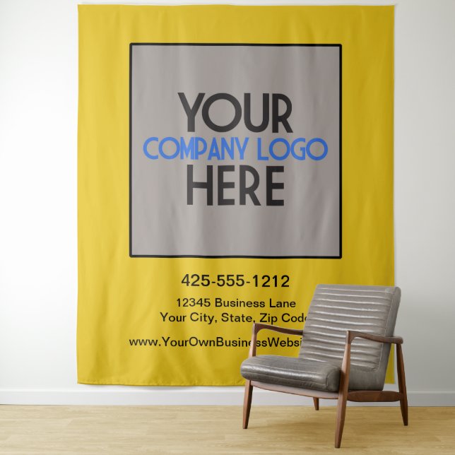 Custom Business Trade Show Logo Yellow Backdrop Tapestry (In Situ)
