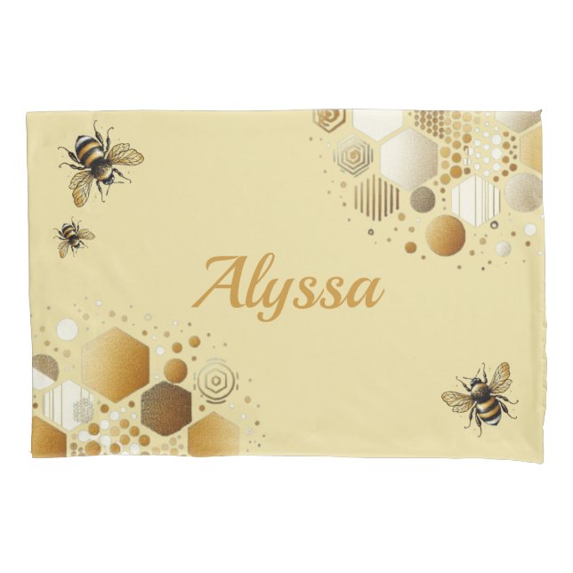 Custom Busy Bee on Honeycomb: Hexagons and Circles Pillowcase (Front-Left)