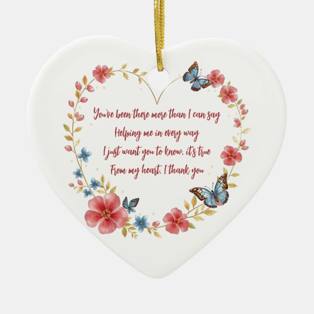 Custom Butterflies and Flowers Heart Thank You Ceramic Tree Decoration (Front)