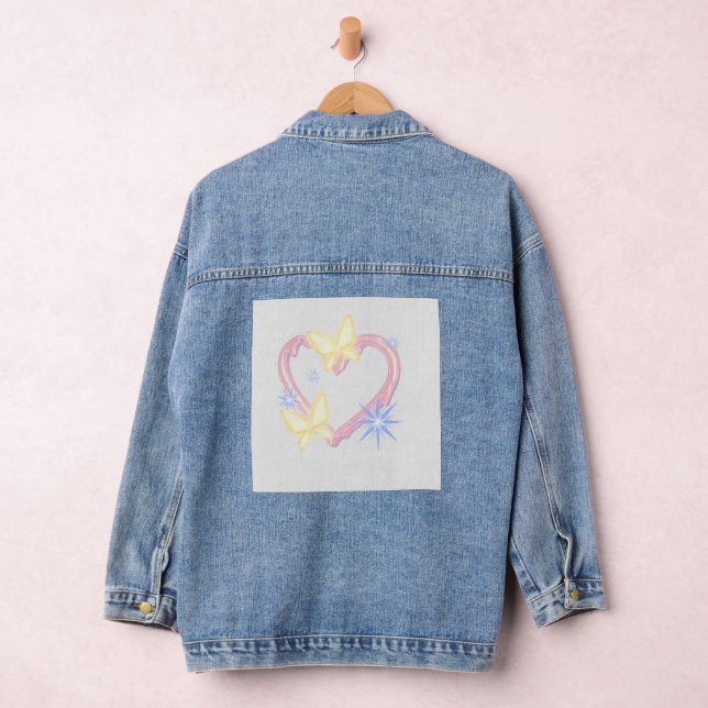 Custom Butterfly Heart Embroidered-Style Denim Jac Jacket (Hangar)