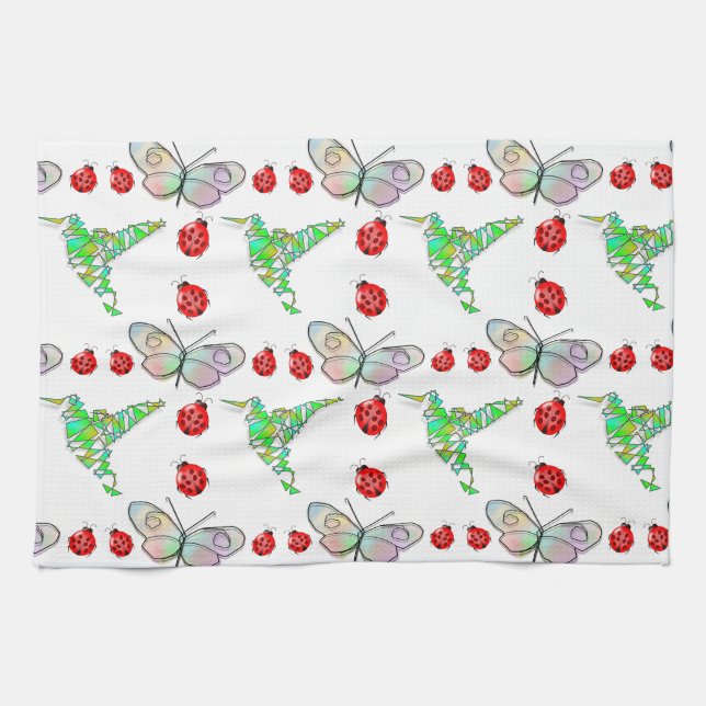 Custom Butterfly, Hummingbird and Ladybug Pattern Tea Towel (Horizontal)
