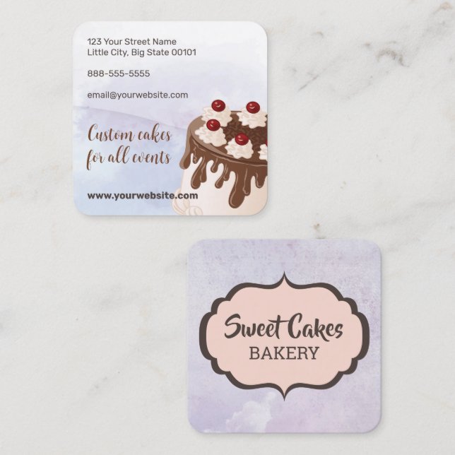 Custom Cakes Bakery Purple Watercolour Square Business Card (Front/Back)