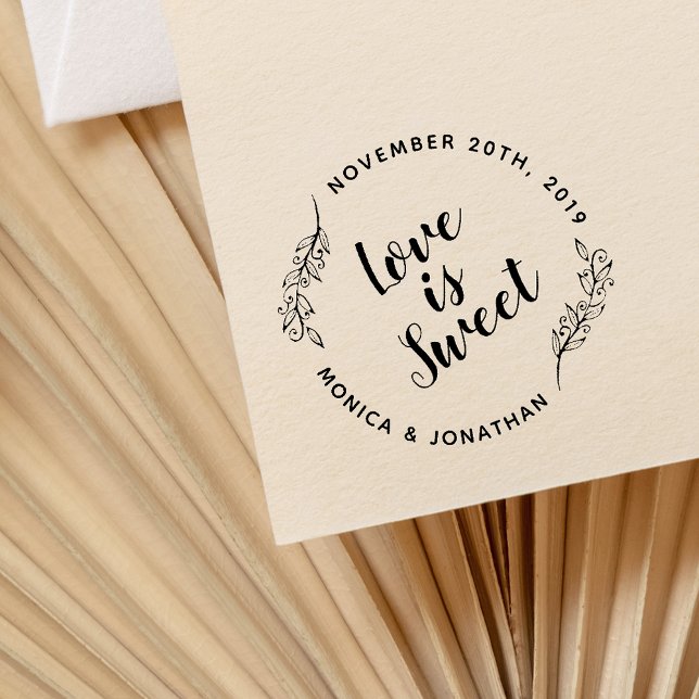 Custom Calligraphy Love Is Sweet Botanical Wedding Rubber Stamp (Creator Uploaded)