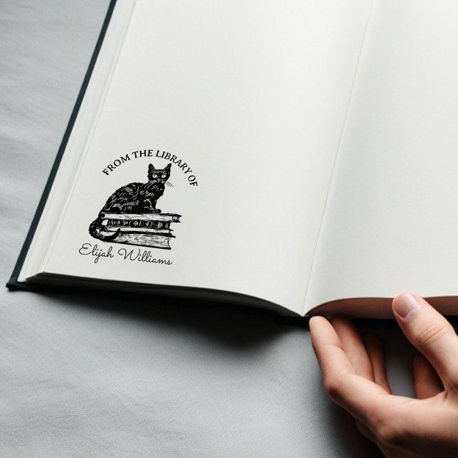 Custom Calligraphy Name, Library Cat Book  Rubber Stamp (Creator Uploaded)
