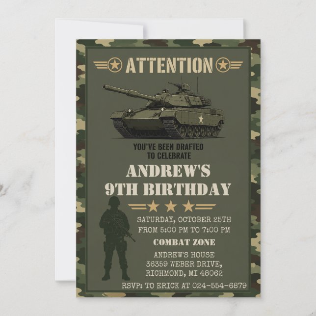 Custom Camo Military Birthday Party Invitation (Front)