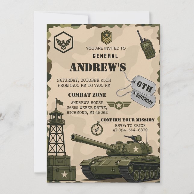 Custom Camo Tank Birthday Party Invitation (Front)