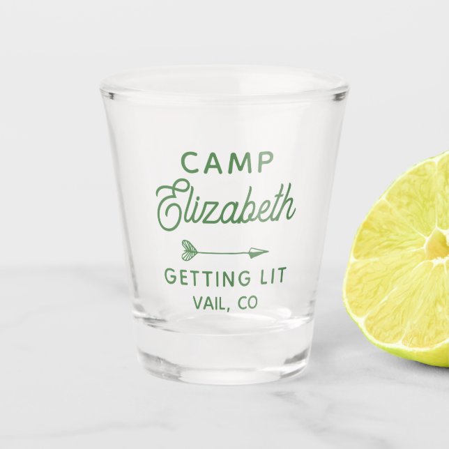 Custom Camp Bachelorette Getting Lit Shot Glass (Front)