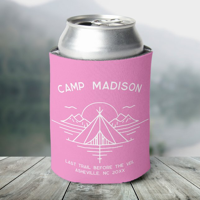 Custom Camp Bachelorette Party Favours Hiking Can Cooler (A can covered in a pink cooler featuring "Camp Madison" and a line graphic of mountains and a tent)