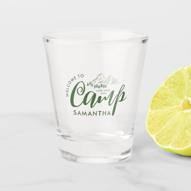 Custom Camp Bachelorette Party Modern Rustic Shot Glass (Front)