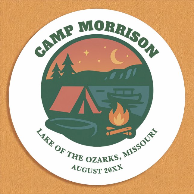 Custom Camp Lake Bachelorette Party Glamping Classic Round Sticker (Creator Uploaded)