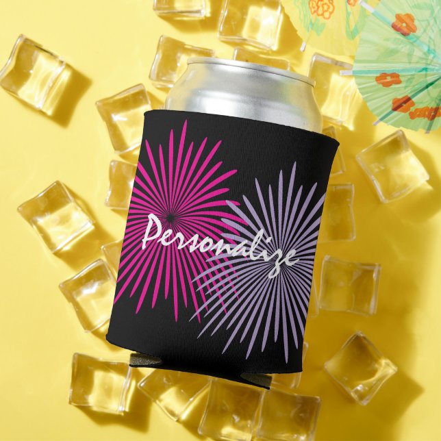 Custom can cooler with pink fireworks design (In Situ Summer)