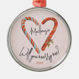 Custom Candy Cane Heart Christmas Engagement Metal Tree Decoration
