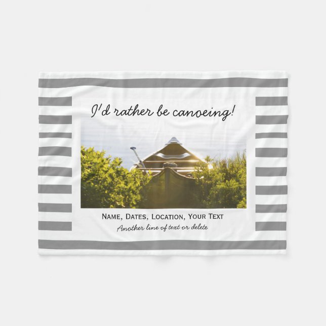 Custom Canoeing Canoe Photo Grey & White Stripes Fleece Blanket (Front (Horizontal))