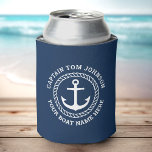 Custom captain and boat name anchor and rope can cooler<br><div class="desc">Can cooler with your custom captain and boat name around an anchor with circular rope border</div>