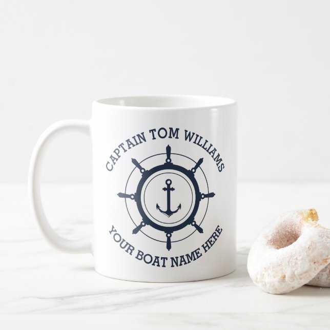 Custom captain and boat name anchor coffee mug (With Donut)