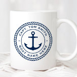 Custom captain and boat name anchor rope border coffee mug<br><div class="desc">Coffee mug featuring a dark blue,  elegant anchor and rope emblem with your custom name and boat name on a white background.</div>