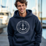 Custom captain and boat name anchor rope border hoodie<br><div class="desc">Navy blue hoodie shirt featuring an elegant anchor and rope emblem with your custom name and boat name.</div>