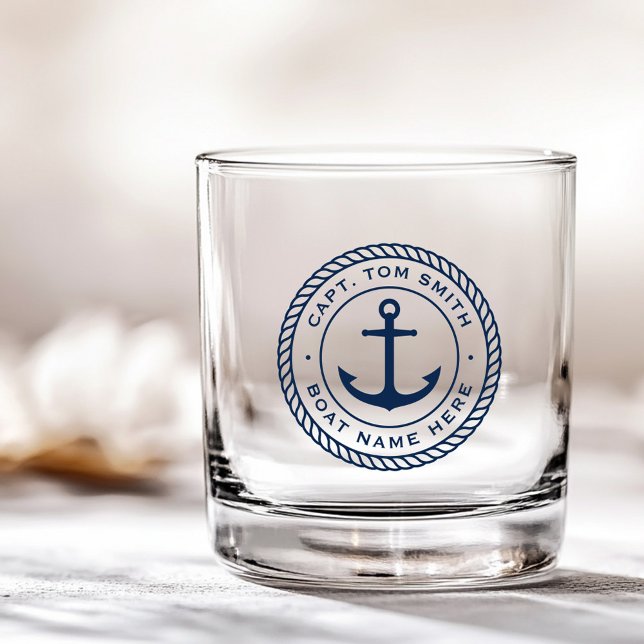 Custom captain and boat name anchor rope border whiskey glass (Custom captain and boat name anchor rope border whiskey glass)