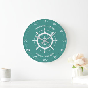 Custom captain and boat name anchor Turquoise Large Clock