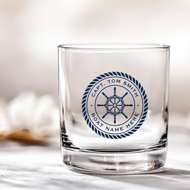 Custom captain boat name nautical ship's wheel whiskey glass (Custom captain boat name nautical ship's wheel whiskey glass)