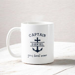 Custom Captain Boat Nautical Anchor Coffee Mug<br><div class="desc">Set sail with our Custom Captain Boat Nautical Anchor Coffee Mug. Perfect for seafaring enthusiasts, this mug features a timeless nautical anchor design and customisable captain or boat name for a personal touch. Crafted from high-quality ceramic, it’s durable and ideal for enjoying coffee or tea on the water or at...</div>