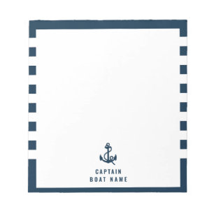 Custom Captain Boat Nautical Anchor Navy Stripes Notepad