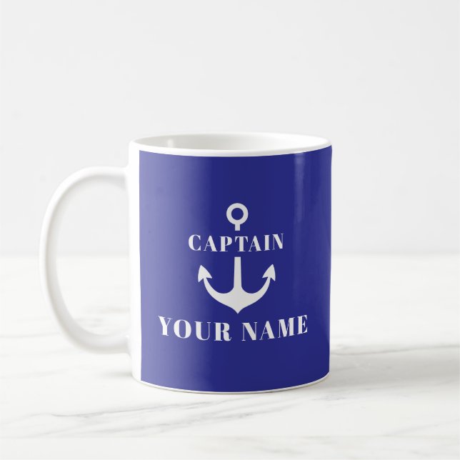 Custom Captain Name Anchor Blue Coffee Mug (Left)