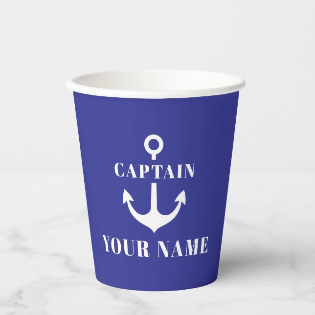 Custom Captain Name Anchor Blue Paper Cups (Front)